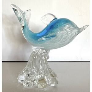 Hand Blown Blue White Glass Veined Translucent 7” Dolphin on Clear Waves Base